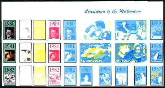Angola 1999 Countdown to the Millennium #09 (1980-1989) sheetlet containing 4 values (Charles & Di, SNCF Train, Bill Gates, Shuttle, Lennon & Marley) the set of 5 imperf progressive proofs comprising various 2,3 & 4-colour combina……Details Below