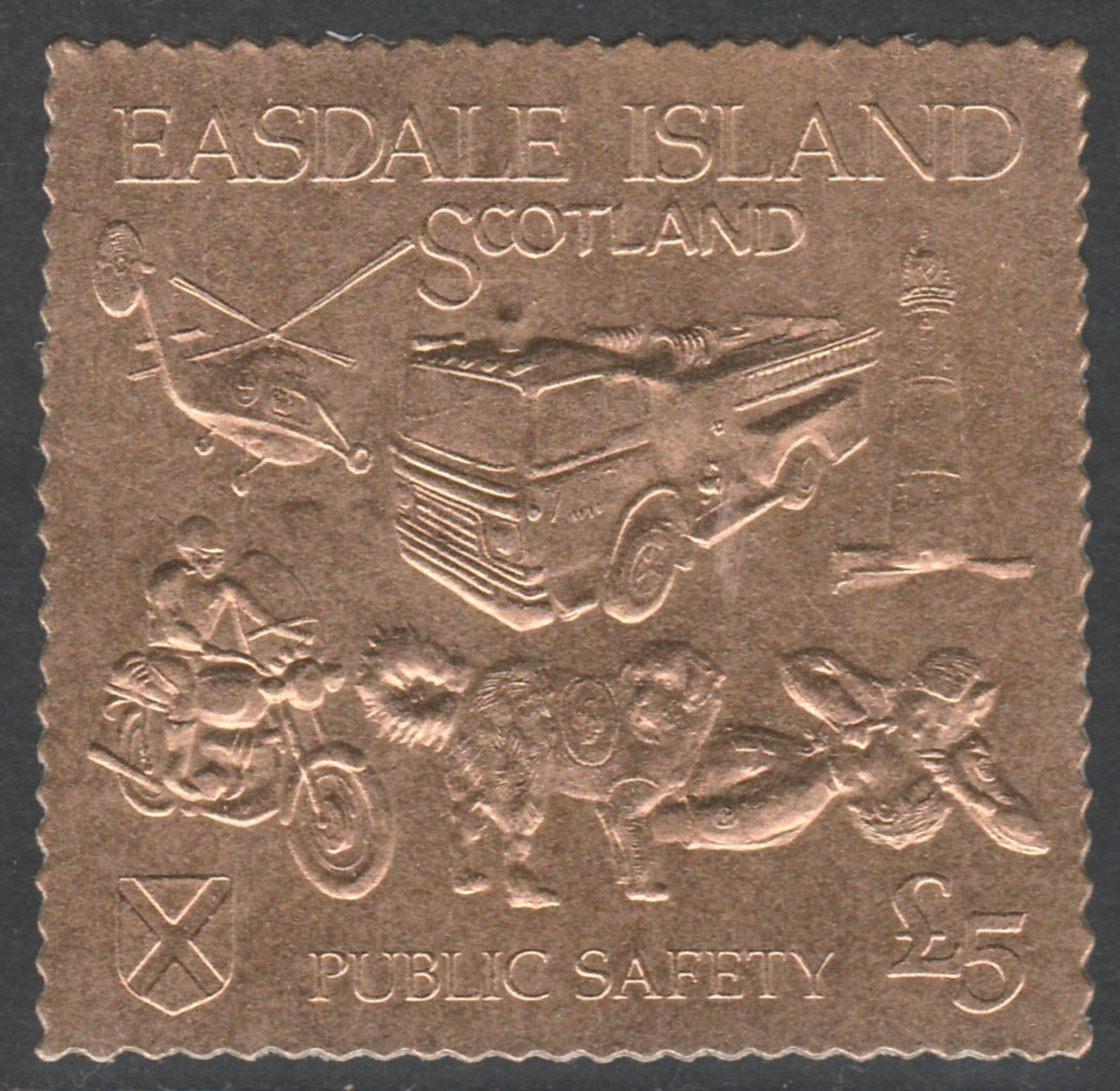 Easdale 1991 Public Safety Â£5 embossed in gold foil (showing Lighthouse, Fire engine, Rescue Dog, Helicopter, First-Aid & Motorcyclist) unmounted mint