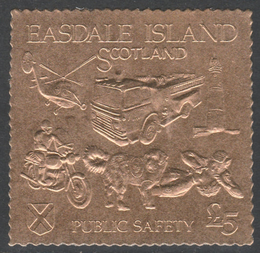 Easdale 1991 Public Safety Â£5 embossed in gold foil (showing Lighthouse, Fire engine, Rescue Dog, Helicopter, First-Aid & Motorcyclist) unmounted mint