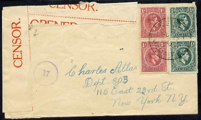 Jamaica 1940 Censored cover to Charles Atlas, USA bearing KG6 1/2d x 2 & 1d x 2, b/stamped Buy British Goods
