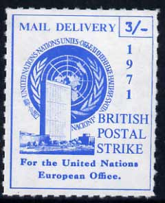 Cinderella - United Nations (NY) 1971 Rouletted 3s blue produced for use during Great Britain Postal strike unmounted mint