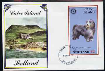 Calve Island 1984 Rotary - Bearded Collie imperf deluxe sheet (Â£2 value) on cover with first day cancel