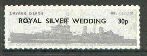 Davaar Island 1972 HMS Belfast 20p grey opt'd Royal Silver Wedding 30p Rouletted without tab unmounted mint*