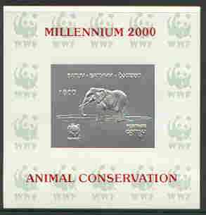 Batum 2000 WWF - Elephant imperf sheetlet on shiney card with design embossed in silver opt'd 'Millennium 2000, Animal Conservation' in red