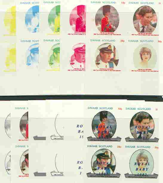 Davaar Island 1982 Royal Baby opt on Royal Wedding sheetlet containing set of 4 values, the set of 11 imperf progressive colour proofs comprising single colours and various colour combinations incl completed design (44 proofs) unmounted mint
