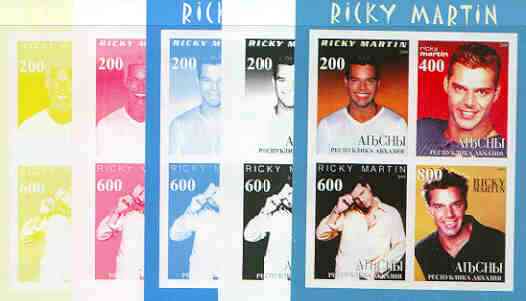 Abkhazia 2000 Ricky Martin sheetlet containing 4 values - the set of 5 imperf progressive proofs comprising the 4 individual colours plus all 4-colour composite (completed design) 20 proofs
