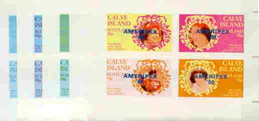 Calve Island 1986 Queen's 60th Birthday imperf sheetlet containing 4 values with AMERIPEX opt in blue, set of 5 progressive proofs comprising single & various composite combinations (20 proofs) unmounted mint
