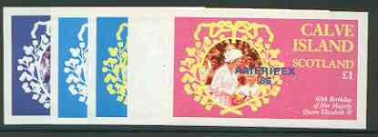 Calve Island 1986 Queen's 60th Birthday imperf souvenir sheet (£1 value) with AMERIPEX opt in blue, set of 5 progressive proofs comprising single & various composite combinations,unmounted mint