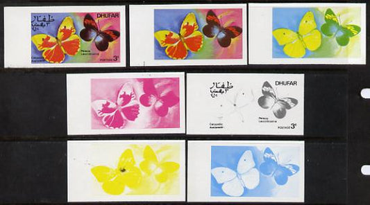 Dhufar 1977 Butterflies 3b (Catopsilia Aveiianeda & Pereute L) set of 7 imperf progressive colour proofs comprising the 4 individual colours plus 2, 3 and all 4-colour composites unmounted mint