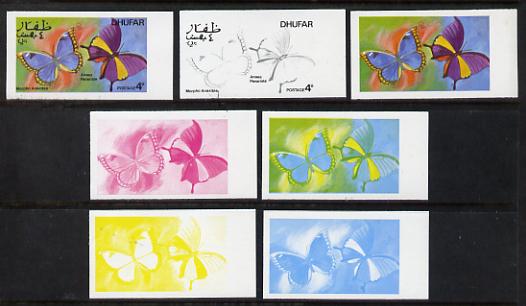 Dhufar 1977 Butterflies 4b (Morpho Anaxibia & Anaea Panariste) set of 7 imperf progressive colour proofs comprising the 4 individual colours plus 2, 3 and all 4-colour composites unmounted mint