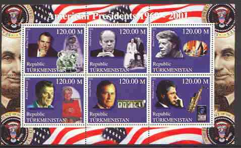 Turkmenistan 2000 US Presidents #01 perf sheet of 6 unmounted mint, containing Nixon, Ford, Carter, Regan, Bush & Clinton, background shows Space, Dog, Table Tennis & Sax. 