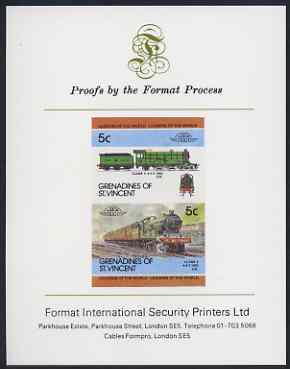 St Vincent - Grenadines 1984 Locomotives #2 (Leaders of the World) 5c (4-4-2 Class V) imperf se-tenant proof pair mounted on Format International proof card