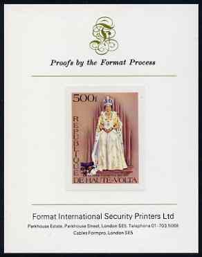 Upper Volta 1977 Silver Jubilee 500f (as featured on m/sheet) imperf proof mounted on Format International proof card (as SG MS 450)