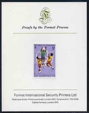 Maldive Islands 1976 Montreal Olympics 5r (Volleyball) imperf proof mounted on Format International proof card (as SG 661)