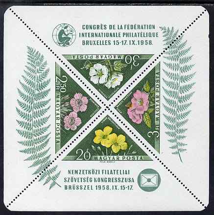 Hungary 1958 International Philatelic Federation Congress - Flowers perf m/sheet containing 4 triangulars unmounted mint SG MS 1533a
