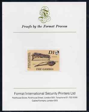 Gambia 1987 Musical Instruments 1d (Balaphong & Fiddle) imperf proof mounted on Format International proof card as SG 687