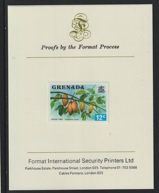 Grenada 1975 Cocoa Tree 12c imperf proof mounted on Format International proof card (as SG 657)