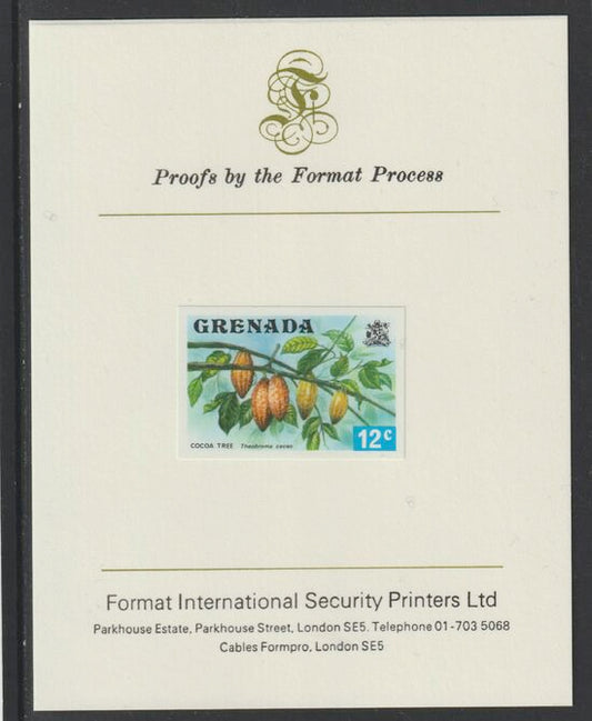 Grenada 1975 Cocoa Tree 12c imperf proof mounted on Format International proof card (as SG 657)