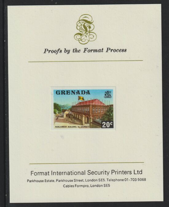 Grenada 1975 Parliament Building 20c imperf proof mounted on Format International proof card (as SG 659)
