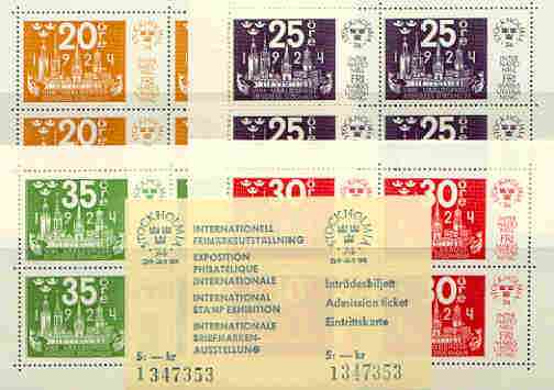 Sweden 1974 'Stockholmia 74' Stamp Exhibition set of 4 m/sheets (SG MS 783) plus admission ticket in special folder