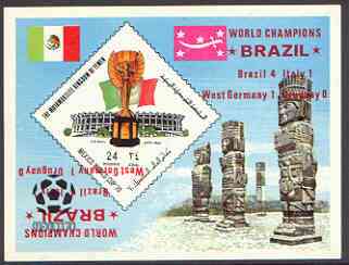 Yemen - Royalist 1970 World Cup Football 24b value (diamond shaped) imperf m/sheet unmounted mint opt'd 'Brazil World Champions' in red with opt doubled (one inverted)