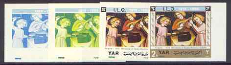 Yemen - Republic 1969 International Labour Organisation 2b Forgers (Miniature) set of 4 imperf progressive proofs comprising single, 2, 4 and all 5-colour combinations unmounted mint