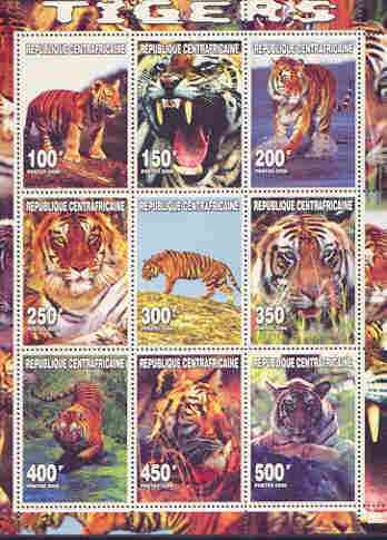 Central African Republic 2000 Tigers perf sheetlet containing complete set of 9 values unmounted mint