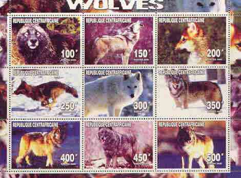 Central African Republic 2000 Wolves perf sheetlet containing complete set of 9 values unmounted mint