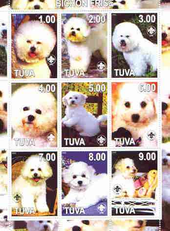 Touva 2000 Dogs (Bichon FrisÃ©) perf sheetlet containing complete set of 9 values, each with Scout logo unmounted mint
