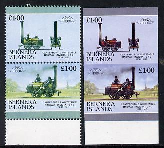 Bernera 1983 Locomotives #2 (Canterbury & Whitstable Rly) Â£1 se-tenant pair with red omitted plus imperf pair as normal unmounted mint