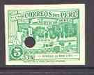 Peru 1937 pictorial of La Mar Park 5c imperf colour trial in green with Waterlow & Son security punch hole as SG 596