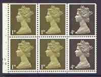 GB Great Britain 1967-70 Machin 1d/4d sepia se-tenant booklet pane of 6 with cyl nos F4 N5, perfs trimmed 