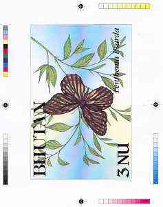 Bhutan 1990 Butterflies - Intermediate stage computer-generated essay #2 (as submitted for approval) for 3nu value (Penthema lisarda) 160 x 100 mm very similar to issued design plus marginal markings, ex Government archives and probably unique (as Sc 825)