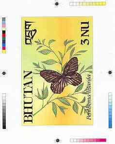 Bhutan 1990 Butterflies - Intermediate stage computer-generated essay #3 (as submitted for approval) for 3nu value (Penthema lisarda) 160 x 100 mm very similar to issued design plus marginal markings, ex Government archives and pr……Details Below