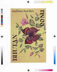 Bhutan 1990 Butterflies - Intermediate stage computer-generated essay #2 (as submitted for approval) for 20nu value (Kallima inachus) 160 x 100 mm very similar to issued design plus marginal markings, ex Government archives and pr……Details Below