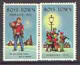 Cinderella - United States 1970 Boys Town, Nebraska fine mint set of 2 labels showing Boy carrying another and choir by lamp-post 