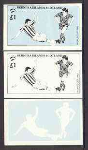 Bernera 1982 Football World Cup imperf souvenir sheet (Â£1) set of 3 progressive colour proofs comprising the 2 individual colours plus composite (issued design) unmounted mint
