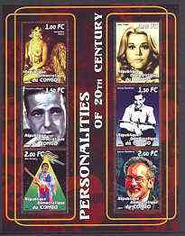 Congo 2001 Personalities of the 20th Century perf sheetlet #03 containing 6 values (Jo Baker, Jane Fonda, Bogart, Benny Goodman, Jimi Hendrix & Spielberg) unmounted mint