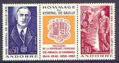 Andorra - French 1972 General De Gaulle's Visit strip of 3 (2 stamps plus label) U/M.....