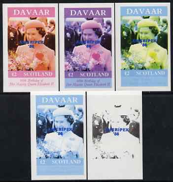 Davaar Island 1986 Queen's 60th Birthday imperf deluxe sheet (Â£2 value) with AMERIPEX opt in blue, set of 5 progressive proofs comprising single & various composite combinations unmounted mint