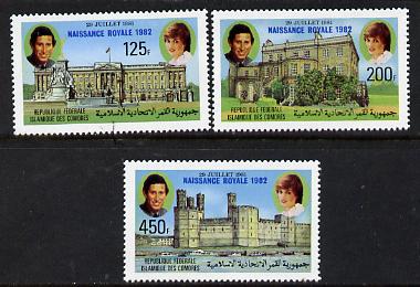 Comoro Islands 1982 Birth of Prince William opt on perf Royal Wedding set of 3 unmounted mint, SG 485-7