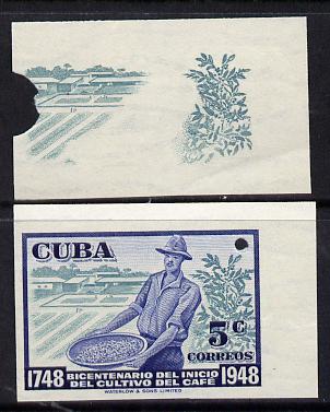 Cuba 1948 Coffee Bicentenary imperf proofs by Waterlow comprising proof of background in green plus composite proof in blue & green, both proofs on gummed paper with security punch holes (inter-paneau gutter pairs available price x 2)