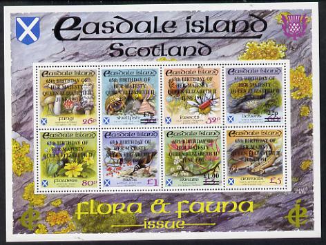 Easdale 1991 65th Birthday of Queen Elizabeth overprinted on Flora & Fauna perf sheetlet containing complete set of 8 values (26p to Â£5) unmounted mint