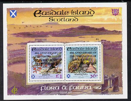 Easdale 1993 40th Anniversary of Coronation overprinted in black on Flora & Fauna perf sheetlet containing 36p (shell) & Â£1 (Birds) unmounted mint