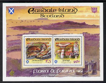 Easdale 1993 40th Anniversary of Coronation overprinted in red on Flora & Fauna perf sheetlet containing 26p (Fungi) & Â£5 (Animals) unmounted mint