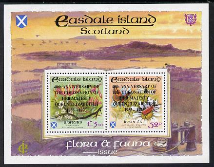 Easdale 1993 40th Anniversary of Coronation overprinted in black on Flora &amp; Fauna perf sheetlet containing 52p (Butterfly &amp; Insects) &amp; Â£3.10 (Shrubs) unmounted mint