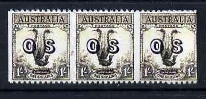 Australia 1932 Lyre Bird 1s opt'd OS horiz strip of 3 with vert perfs omitted being a 'Hialeah' forgery on gummed paper (as SG O136var)