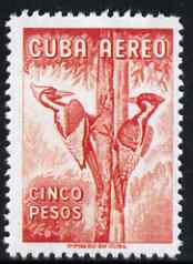 Cuba 1956 Woodpecker 5p red (from Air set)  'Maryland' perf 'unused' forgery, as SG 782 - the word Forgery is either handstamped or printed on the back and comes on a presentation card with descriptive notes