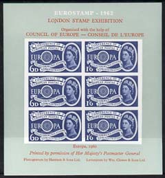 GB Exhibition souvenir sheet for 1962 London Stamp Exhibition showing Great Britain, more....
