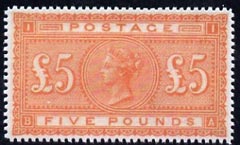 GB Great Britain 1867 QV £5 orange,  'Maryland' perf forgery 'unused', as SG 137 - the word Forgery is either handstamped or printed on the back and comes on a presentation card with descriptive notes